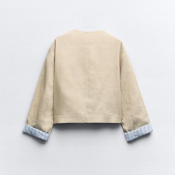 Zara Cropped Linen-Blend Jacket with Contrast Cuffs - Light Beige - Size Medium - Picture 8 of 9